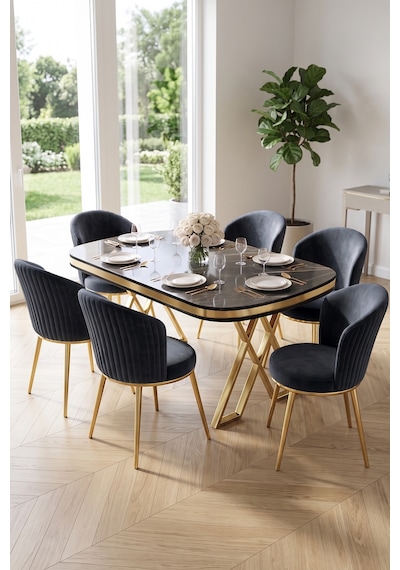 Nisare Serisi 90x168 Lak Panel Siyah Mermer Desen Masa Takımı Gold Ayaklı 6 Sandalye Siyah Mermer Desen Antrasit Sandalye Nisare Serisi 90x168 Lak Panel Siyah Mermer Desen Masa Takımı Gold Ayaklı 6 Sandalye Siyah Mermer Desen Antrasit Sandalye