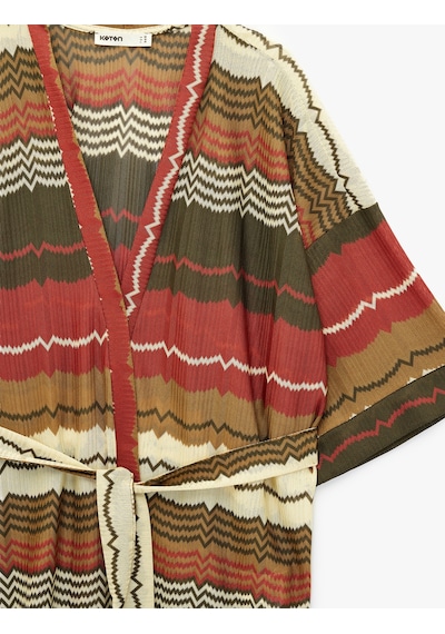 Koton Pointelle Örgü Kısa Kollu Kemerli Desenli Oversize Kimono Hırka Haki Desenli 6sak30075ek