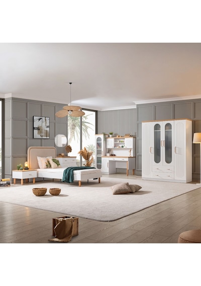Vita Bohem Genç Odası - 4 Kapaklı Dolap, Karyola, Komodin, Çalışma Masası, Şifonyer, Kitaplık Beyaz Vita Bohem Genç Odası - 4 Kapaklı Dolap, Karyola, Komodin, Çalışma Masası, Şifonyer, Kitaplık Beyaz