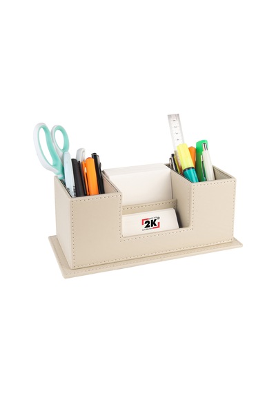 Masaüstü Deri Organizer Kalemlik 4 Gözlü Desktop Organizer Rainbow Vegan 10x12x25 Cm. Bej