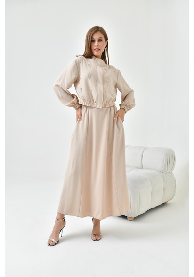 Ftz Women Kadın Simli Crep Etekli Takım Beige 30839-beige Bej