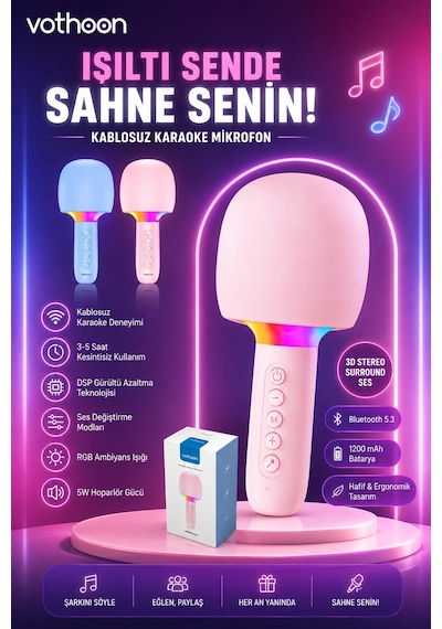Çocuk Ve Yetişkin Karaoke Mikrofonu Kablosuz Rgb Ambiyans Işığı Ses Değiştirme Modlu Hoparlör