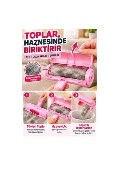 Pembe Tekrar Kullanılabilir Hazneli Tüy Toplama Rulosu Kedi Köpek Tüyü Koltuk Temizleme Aparatı