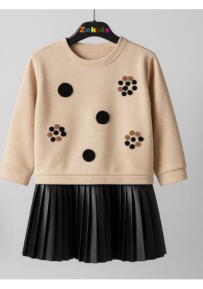 Kız Çocuk Sweatshirt Ve Pilise Detaylı İç Elbise 2'li Takım-16221 Bej