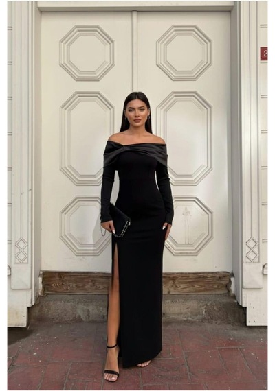 DefyModa Kadın Minimal Esnek Saten Kumaş Carmen Yaka Yırtmaçlı Abiye Elbise Siyah