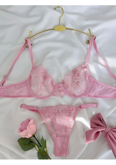 Arinda Barbie Pembe Çiçek Desenli Brode İşlemeli Tek Renk Balenli Kapsız Sütyen Tanga Alt Üst İç Çamaşırı Takımı Açık Pembe