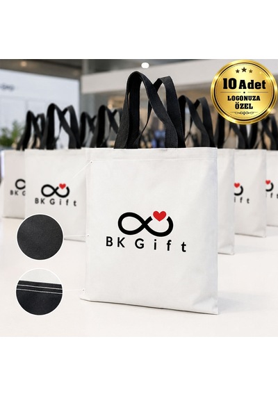 Bk Gift Logonuza Özel 10 Adet Ekonomik Siyah Saplı Çift Renk Bez Çanta 35x40 Cm Baskılı Set Bej