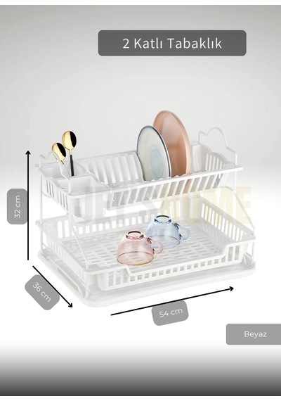2 Katlı Bulaşıklık Paslanmaz Tezgah Üstü Tabaklık Bpa Free Bulaşık Sepeti Kurutmalık Beyaz