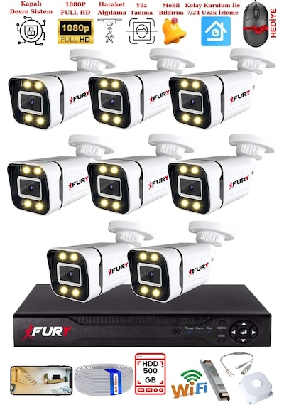 Fury 8 Kameralı 1080p Görüntü Gece Renkli Full Hd 4 X Ultra Led Gece Renkli Güvenlik Kamerası Seti 500gb