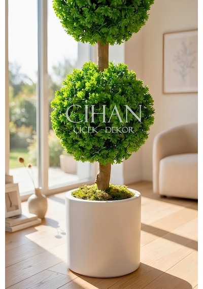 Yapay Çift Katlı Top Şimşir Ağacı U.v. Dayanıklı 100 Cm Şimşir Çapı 35 Cm Plastik Silindir Saksılı Beyaz