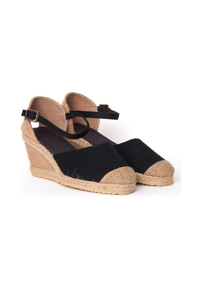 Star Tombis Gerçek Elişi Siyah Bilekten Bantlı Topuğu Açık Keten Espadril Dolgu Topuk Handmade Siyah