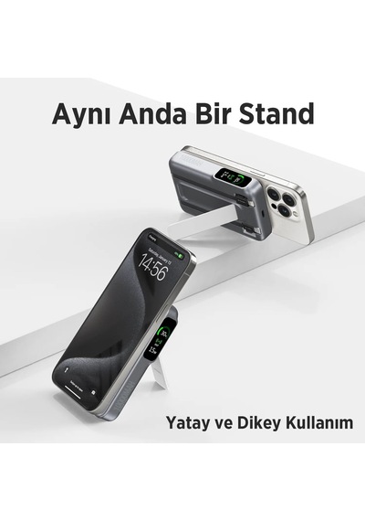 Tpb16 10000 Mah Oled Ekranlı Manyetik Kablosuz Powerbank 20w Pd Hızlı Şarj Ve 15w Magsafe Gri