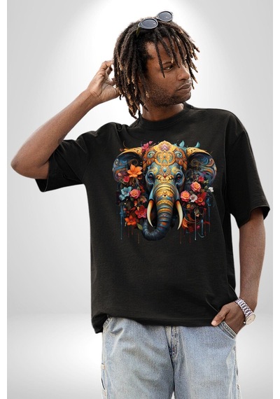 Bereket Fil Hintli Tasarım Pamuklu Bisiklet Yaka Unisex Oversize Boyfriend Dijital Baskılı Siyah T-shirt Siyah