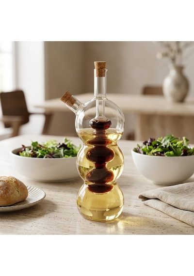 Borosilikat Cam Yağlık Ve Sirkelik 320 Ml, Çift Hazneli 2 Si 1 Arada Şişe, Mantar Tıpalı Şeffaf Boğumlu Model, Yağ Ve Sirkeyi Ayrı Saklama Çok Renkli