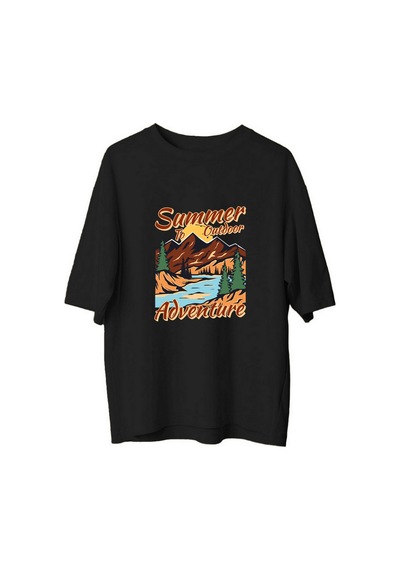 Paybuy Yaz Macerası Retro Tasarım Baskılı Kadın Oversize Tişört Siyah