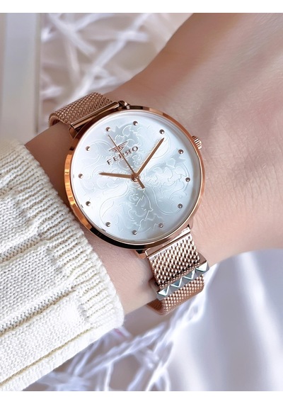 Ferro Hasır Kordonlu Rose Gold Kararmaz Renk Atmaz 3 Atm Özel Tasarım Kadın Kol Saati Bf21087cwt-c