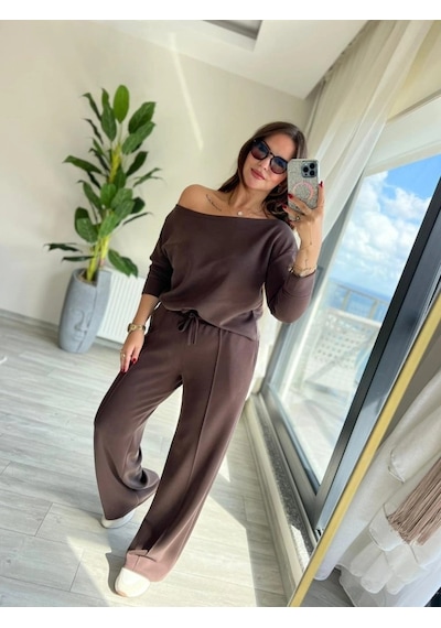 Valensdesign Kadın Uzun Kollu Tek Omuzdan Açık Modal Bluz Ve Pantolon Ikili Takım Kahve