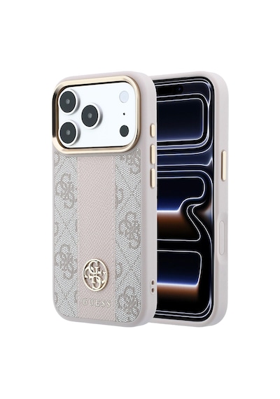 Apple iPhone Uyumlu 18 Pro Kılıf Guess  Lisanslı M-safeli Deri 4g Desenli Şeritli Yazı Logolu Kapak Pembe