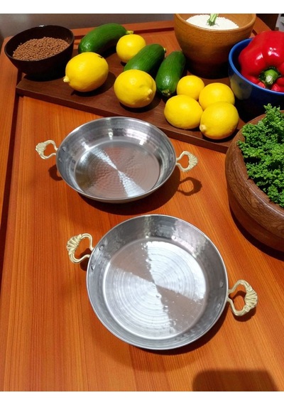 2'li Sahan Menemen Tava Seti, Sarı Kulplu 18 Cm Ve 20 Cm Dövme İşçilikli Çelik Metalik