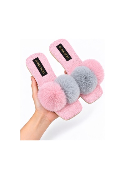 Dabab Shoes Pomella Kadın Pembe Çift Ponponlu Peluş Bantlı Kaymaz Tabanlı Önü Açık Ev Terliği Dabab Shoes Pomella Kadın Pembe Çift Ponponlu Peluş Bantlı Kaymaz Tabanlı Önü Açık Ev Terliği