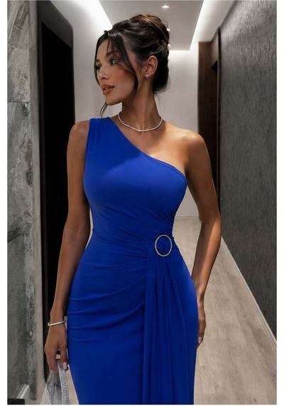 DefyModa Kadın Modern Stil Tek Omuz Kemerli Maxi Abiye Elbise Saks