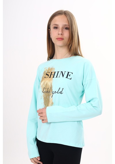 Toontoy Kız Çocuk Sweatshirt Shine Varak Baskılı Su Yeşil