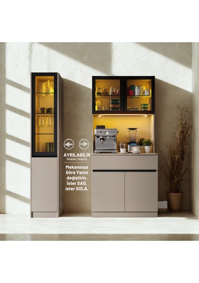 Auren Mıdı Sol Vitrinli Led Li Modüler Kahve Köşesi Kum Beji Mdf Kahve Dolabı, Siyah Füme Cam Vitrinli, Modern Kahve Istasyonu, Geniş Depolama Alanı Auren Mıdı Sol Vitrinli Led Li Modüler Kahve Köşesi Kum Beji Mdf Kahve Dolabı, Siyah Füme Cam Vitrinli, Modern Kahve Istasyonu, Geniş Depolama Alanı