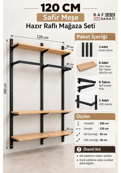 120 Cm 2 Modül 6 Raflı Askılı Hazır Mağaza Seti Askılıklı Duvar Tipi Raf Sistemi Safir Meşe