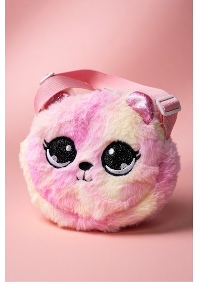 Mollycrush Hediye Kız Çocuk Pembe Ayıcık Figürlü Peluş Çanta Simli Kulaklı Ayarlanabilir Askılı Pembe