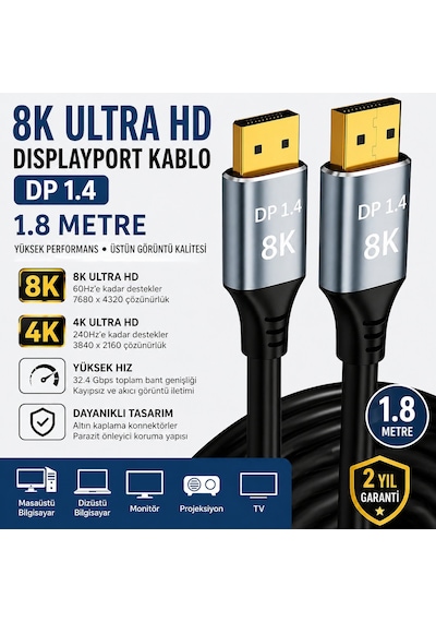 8k Displayport Kablo Dp 1.4 1.8 Metre Ultra Hd Altın Uçlu Gaming Monitör Kablosu