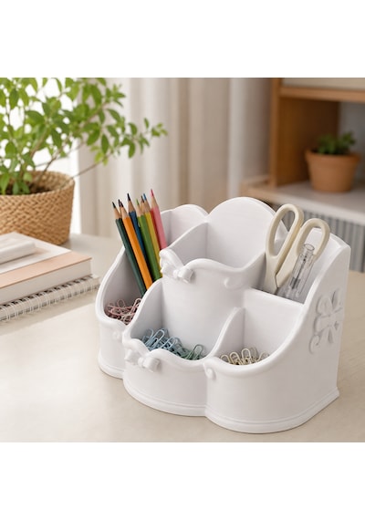 Çok Bölmeli Fiyonk Ve Çiçek Detaylı Masaüstü Organizer Renk Seçenekli Beyaz