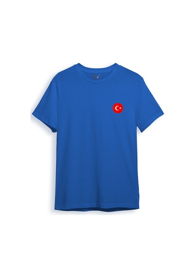 Türkiye Ön Arka Baskılı Regular Fit %100 Pamuk Mavi T-shirt Saks Mavi
