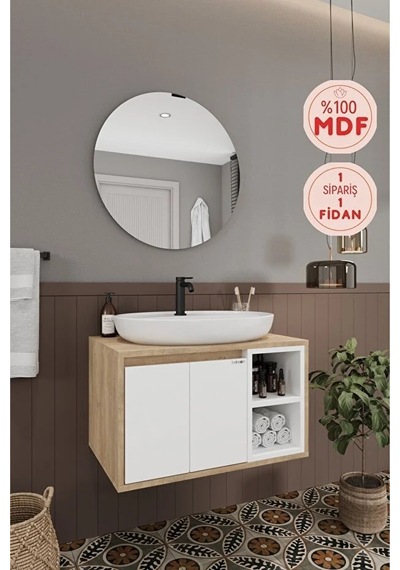 Gül Beyaz 70 Cm %100 Mdf Lavabolu Banyo Dolabı Ayna Lavabo Beyaz