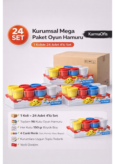 Kidz 24 Lü 4x150 Gr Büyük Boy Oyun Hamuru Koli Toplam 96 Kutu 4 Renk Kurumsal Mega Paket Beyaz