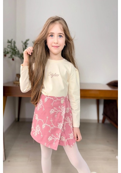 Koçak Kids Brode Desen Şort Etekli Pembe Renk Kız Çocuk Takım