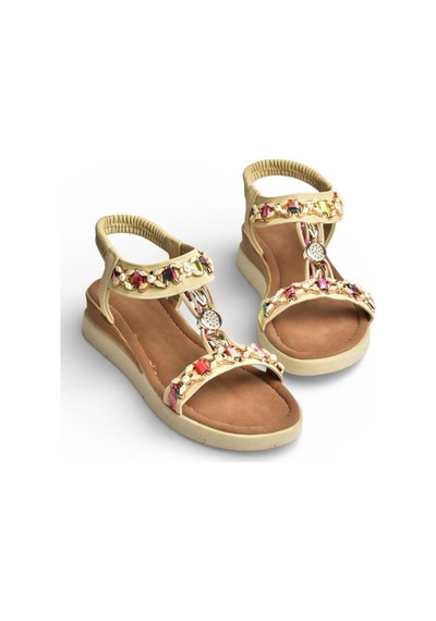 Fox Shoes Y274801409 Bej Düz Tabanlı Renkli Taş Detaylı Kadın Sandalet Bej