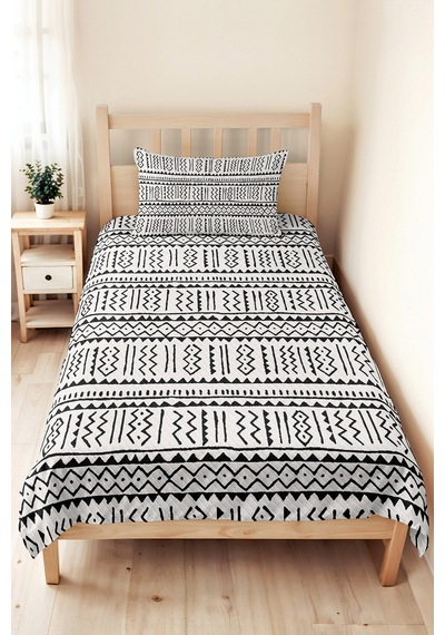 Siyah Geometrik Genç Odası Tek Kişilik Pike Takımı - Bohem Modern 160x220 Cm Kapitone Yatak Örtüsü Kışlık Meltem Kıyımı