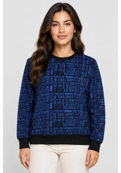 Freedom Storee Kadın Siyah Mavi Yazı Desenli İki İplik Şardonlu Sweatshirt Çok Renkli