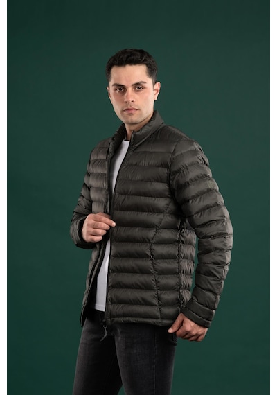 Fbı Slimfit Dik Yaka Fermuarlı Erkek İnce Şişme Puffer Mont Yeşil