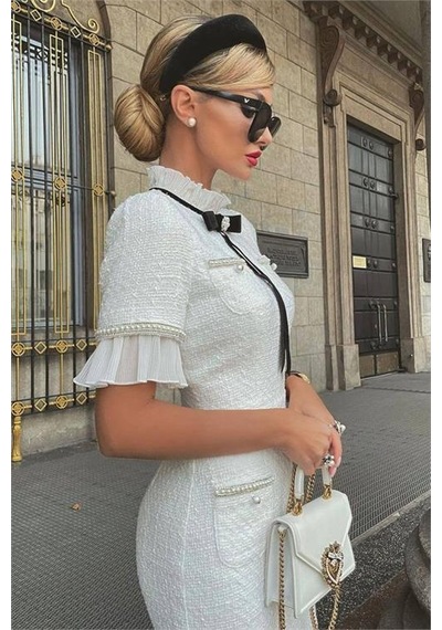 Dip Moda Kadın Kaşe Kumaş İnci Ve Broş Detaylı Abiye Elbise Dpnbemp2051 Beyaz
