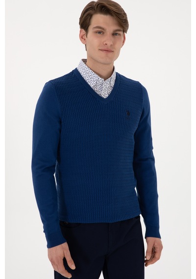 U.S. Polo Assn. Erkek Slim Fit V Yaka İndigo Basic Kazak 50288879-VR028