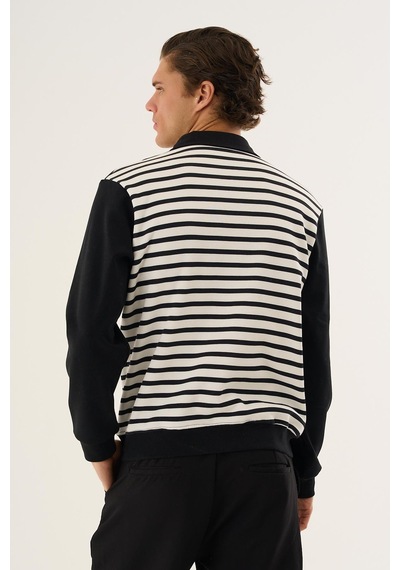 Çizgili Yarım Fermuarlı Polo Yaka Uzun Kollu Sweatshirt Siyah