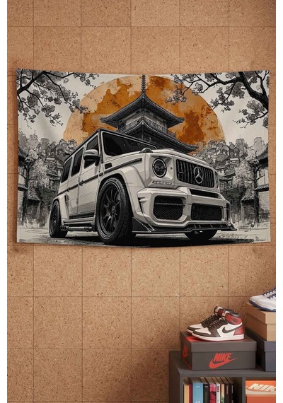 Mercedes G Wagon Beyaz Japonya Şehir Temalı Dekoratif Duvar Örtüsü Duvar Halısı