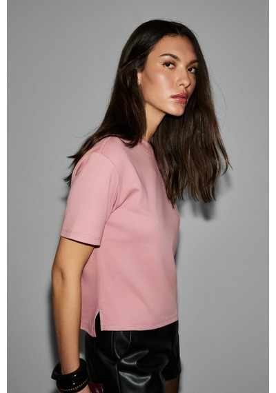 Grımelange Colena Kadın Organik Pamuklu Bisiklet Yaka Oversize Fit Kısa Kollu Pembe T-shirt Pembe