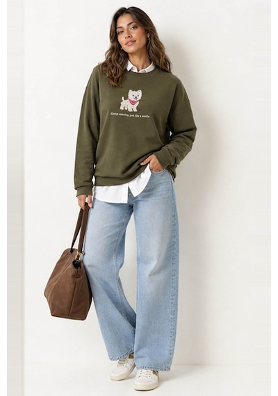 Fashion Friends Nakışlı Haki Kadın Sweatshirt 26k0030k1