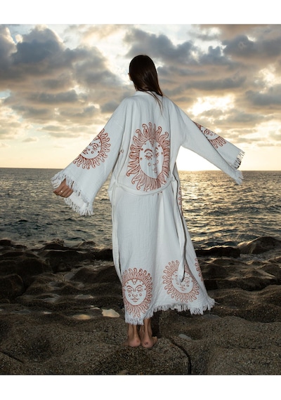 Befera Müslin Kimono Pamuklu Güneş Baskılı Desenli Bornoz Kaftan Sabahlık Ekru
