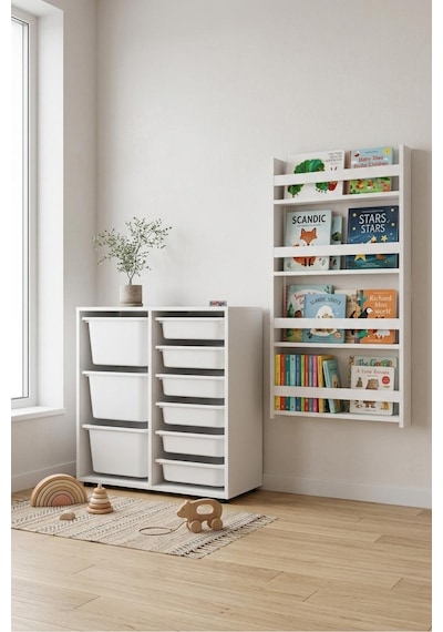 Oyuncak Dolabı Ve Kitaplık Seti 9 Sepetli Oyuncak Dolabı Duvara Monte Kitaplık Çağla & Montessori Beyaz