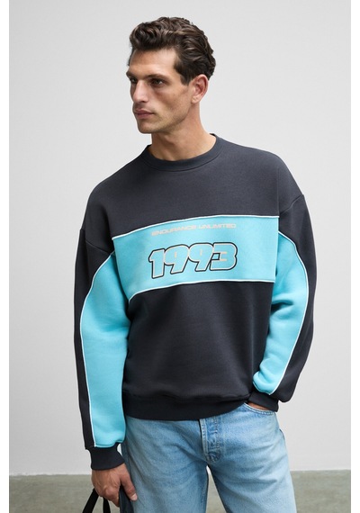 Grimelange MONTY Erkek Yuvarlak Yaka Baskılı Omuzları Yeşil Renkte Relaxed Fit Antrasit Sweatshirt