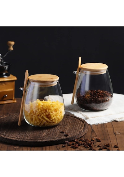 Morponi Tombul 3lü Borosilikat Cam Bambu Kapaklı Kavanoz Baharatlık Seti 600 Ml Şeffaf
