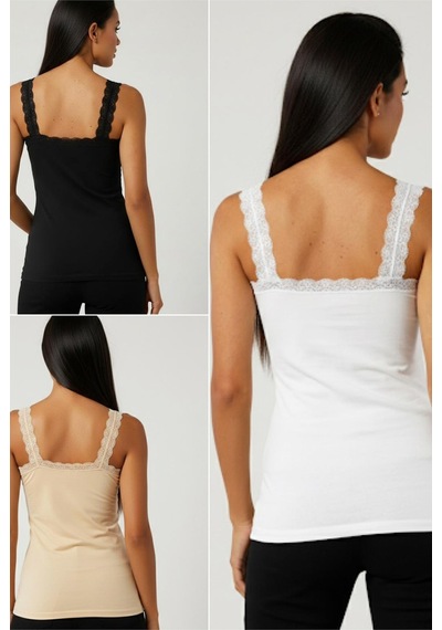 Siyah İnci 3'lü Paket Pamuklu Likralı Askılı Dantelli Örme T-shirt Atlet 1006 Siyah Beyaz Ten